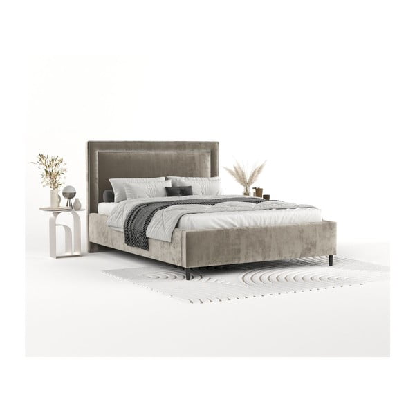 Bēša polsterēta divvietīga gulta ar veļas kasti un redelēm 180x200 cm Baleine – Maison de Rêve-image-1