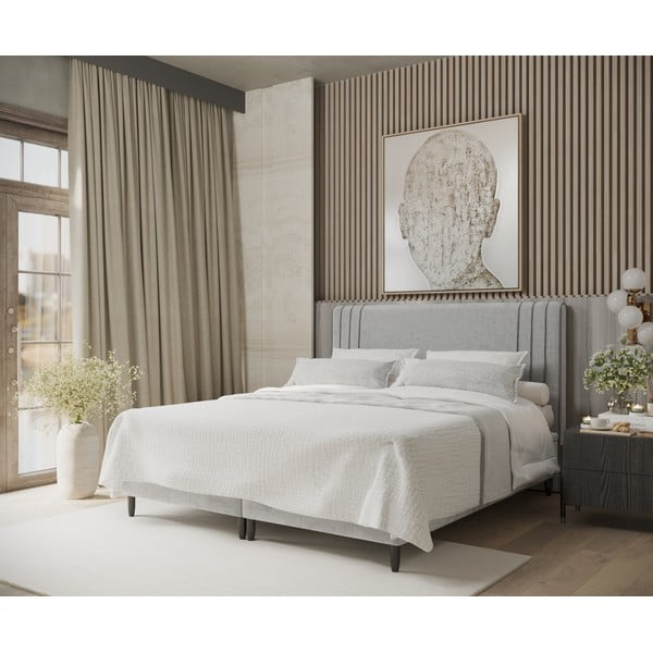 Pelēka polsterēta divvietīga gulta ar veļas kasti 180x200 cm Musca – Maison de Rêve-image-1