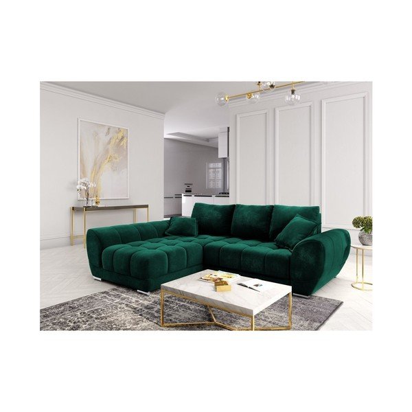 Tumši zaļš samta izvelkamais stūra dīvāns ar veļas kasti Windsor & Co Sofas Nuage, kreisais stūris-image-1