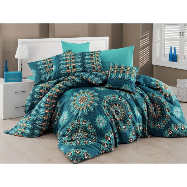 Tirkīza gultasveļa ar palagu divguļamai gultai Nazenin Home Hula Turquoise, 200 x 220 cm