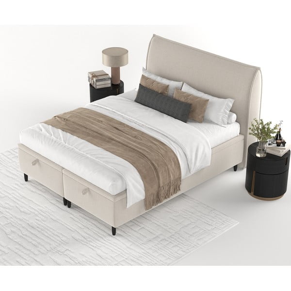 Bēša polsterēta divvietīga gulta ar veļas kasti 160x200 cm Pearl – Maison de Rêve-image-4