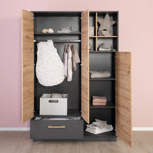 Antracīta pelēks/dabīga toņa bērnu drēbju skapis ar ozolkoka imitāciju 132x195 cm Lenn – Roba-image-1