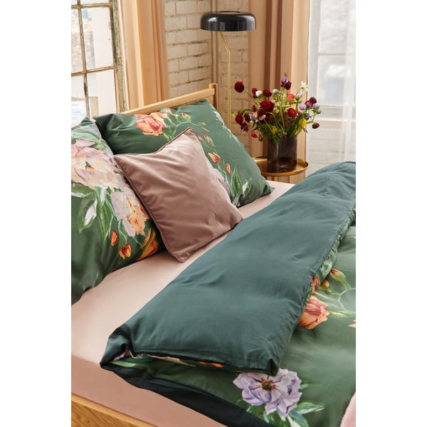 Tumši zaļa kokvilnas satīna divvietīga gultas pārklājs 200 x 220 cm Floret - Bonami Selection-image-3