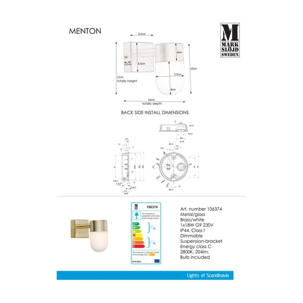 Balta/zelta krāsas sienas lampa Menton – Markslöjd-image-2