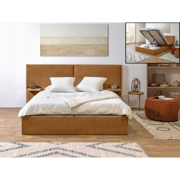 Okera dzeltena polsterēta divvietīga gulta ar veļas kasti ar redelēm 160x200 cm Blandine – Bobochic Paris-image-1