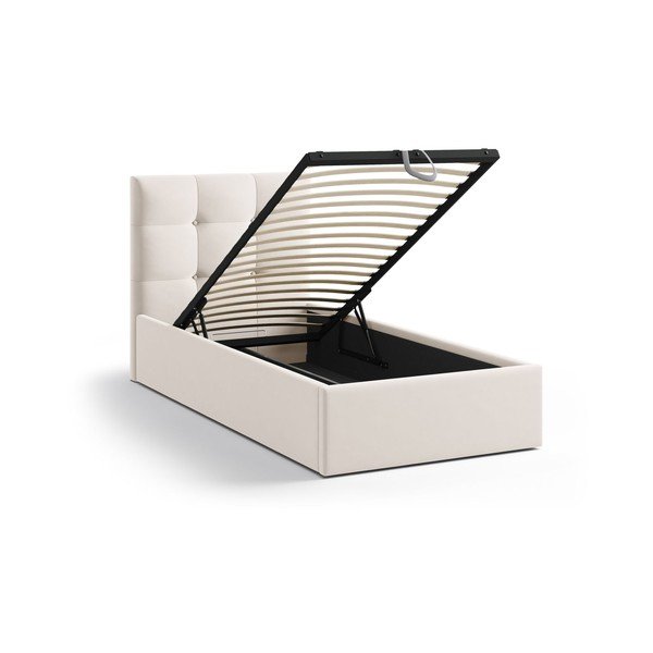 Krēmkrāsas polsterēta vienvietīga gulta ar veļas kasti un redelēm 90x200 cm Phaedra – Micadoni -image-1