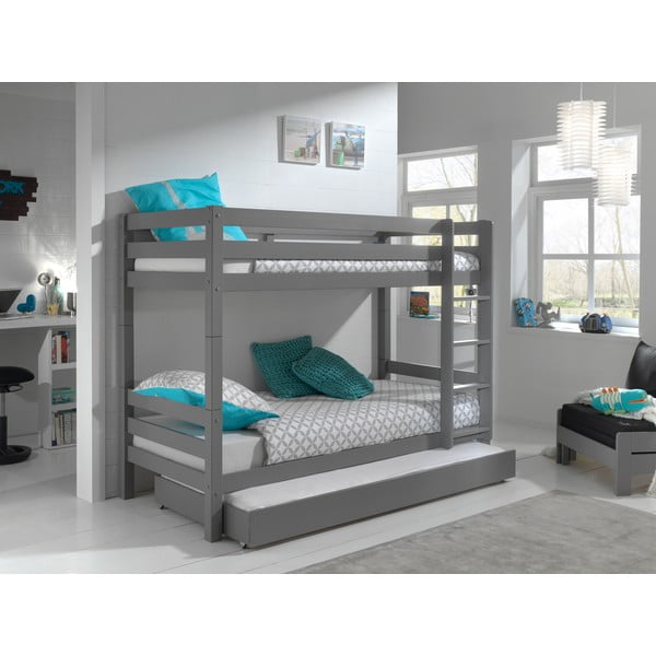 Pelēka priedes masīvkoka divstāvu bērnu gulta ar veļas kasti PINO – Vipack-image-1