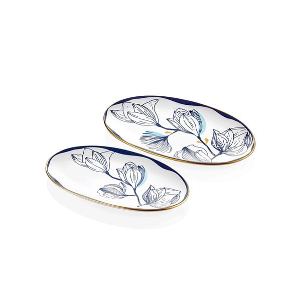 2 baltu porcelāna šķīvju komplekts ar ziliem ziediem Mia Bleu-image-2