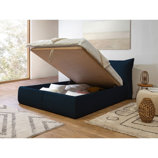 Tumši zila samta polsterēta divguļamā gulta ar uzglabāšanas vietu un režģi 160x200 cm Jade – Bobochic Paris-image-4