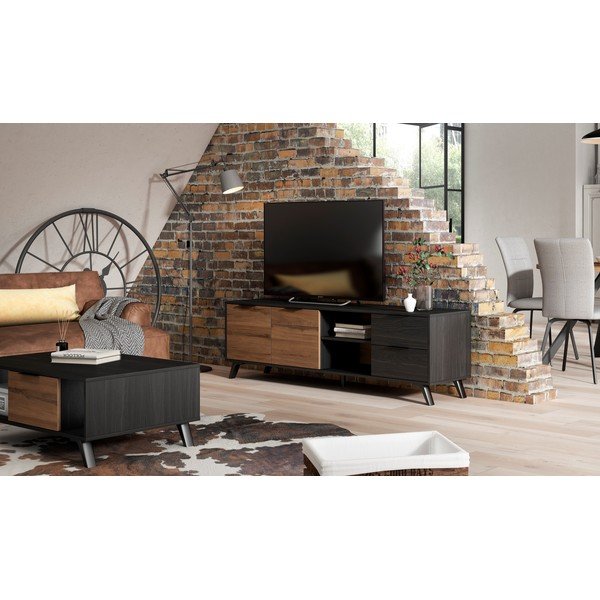 Melns/dabīga toņa TV galdiņš ar riekstkoka imitāciju 181x53 cm Noe – Marckeric-image-1