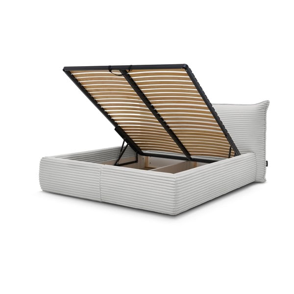 Gaiši pelēka polsterēta divvietīga gulta ar veļas kasti un redelēm 160x200 cm Jade – Bobochic Paris-image-3