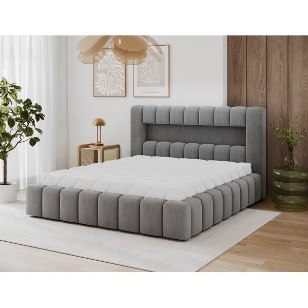 Pelēka polsterēta divvietīga gulta ar veļas kasti un ar redelēm 180x200 cm Lamica – ELTAP-image-2