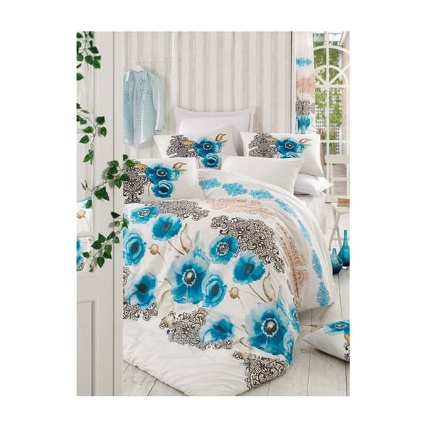 Balta un zila divvietīga gultasveļa Celine, 200 x 220 cm