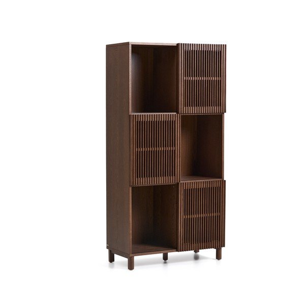 Tumši brūns grāmatplaukts ar riekstkoka imitāciju un bīdāmām durvīm 84,5x170x42,5 cm Beyla – Kave Home-image-4