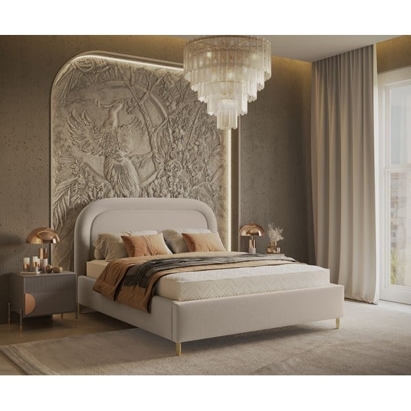 Bēša polsterēta divvietīga gulta ar veļas kasti un redelēm 180x200 cm Mija – Maison de Rêve-image-1