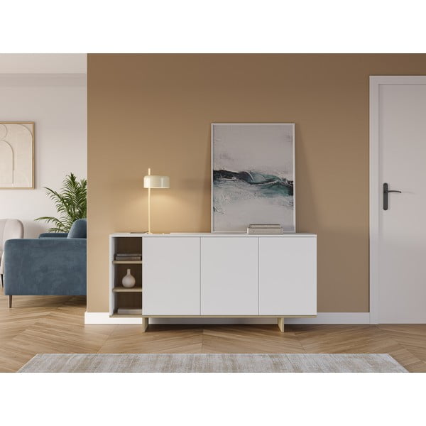 Balta zema kumode ar ozolkoka imitāciju 170x80 cm Cequoia – Marckeric-image-1