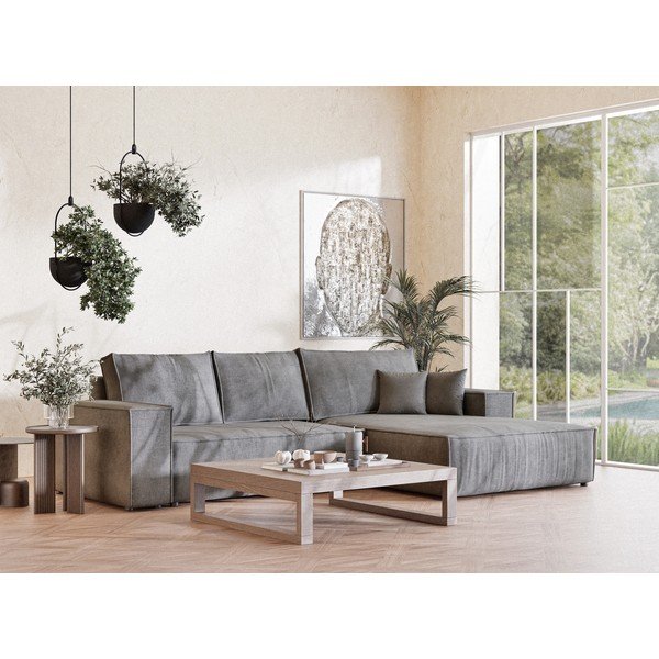 Pelēks salokāms stūra dīvāns no šenila auduma ar uzglabāšanas vietu (ar labo stūri/ar zvilni) Maze – Maison de Rêve-image-1