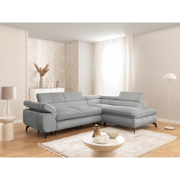 Gaiši pelēks velveta stūra dīvāns (ar labo stūri/L veida) Marbeya  – Ropez-image-1