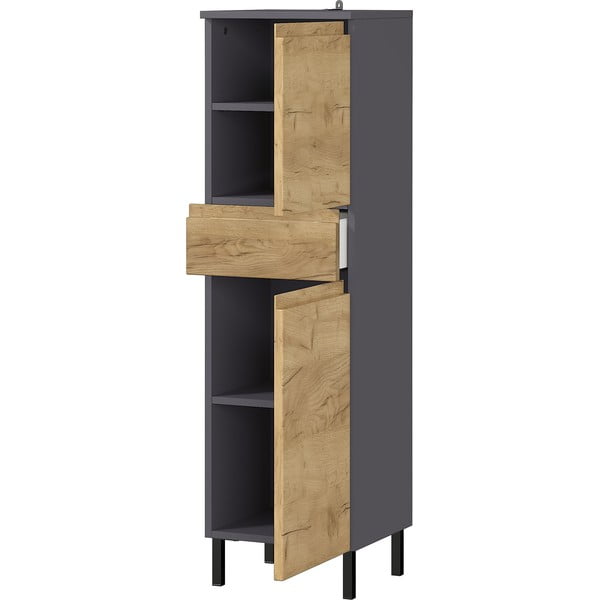 Tumši pelēks augsts vannas istabas skapītis ar ozolkoka imitāciju 34x120 cm Salinas – Germania-image-2