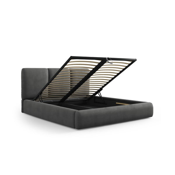 Pelēka polsterēta divvietīga gulta ar veļas kasti un redelēm 200x200 cm Brody – Mazzini Beds-image-2