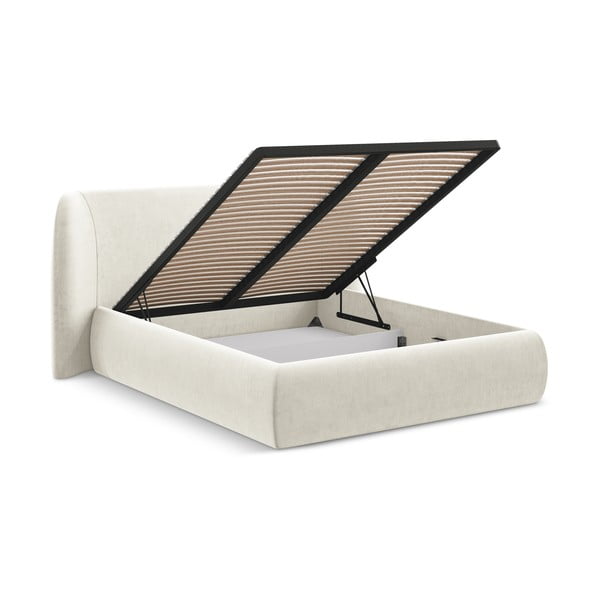 Krēmkrāsas polsterēta divvietīga gulta ar veļas kasti un redelēm 140x200 cm Hauke – Makamii-image-2