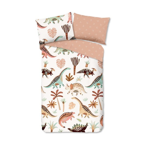 Brūna/bēša vienguļamā kokvilnas bērnu gultas veļa 140x200 cm Dino – Good Morning