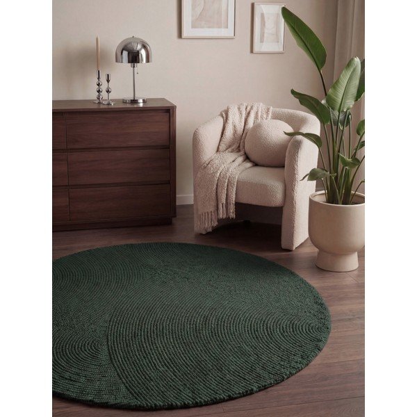 Tumši zaļš ar rokām darināts vilnas apaļš paklājs ø 150 cm Calmio – Hanse Home-image-1