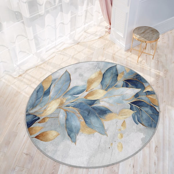 Zils/zelta krāsas mazgājams apaļš paklājs ø 100 cm Golden Leaves – Mila Home-image-3