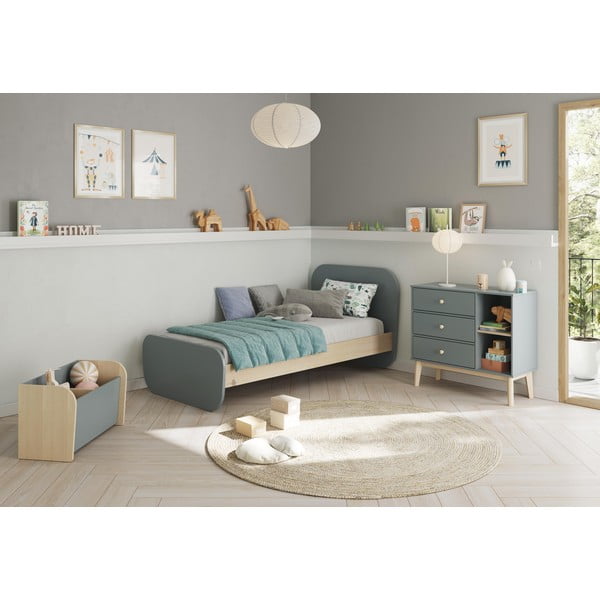 Dūmakaini zaļa bērnu gulta ar priedes koka imitāciju ar redelēm 90x190 cm Esteban – Marckeric-image-1