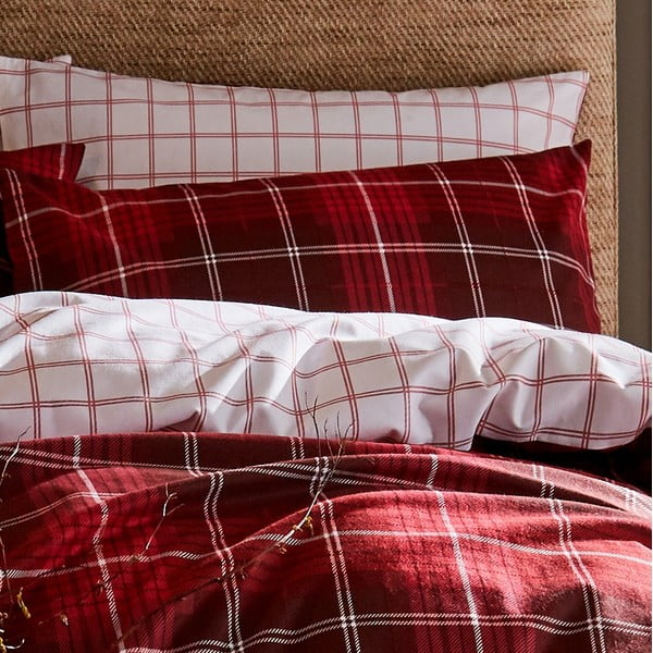 Sarkana kokvilnas gultasveļa Catherine Lansfield Brushed Tartan, 200 x 200 cm-image-1