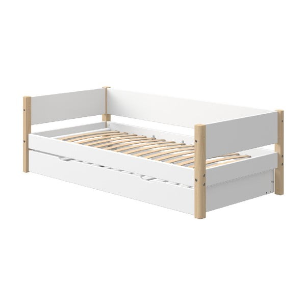 Balta bērnu gulta ar dabīgām kājiņām un izvelkamo gultu Flexa White Single, 90 x 200 cm