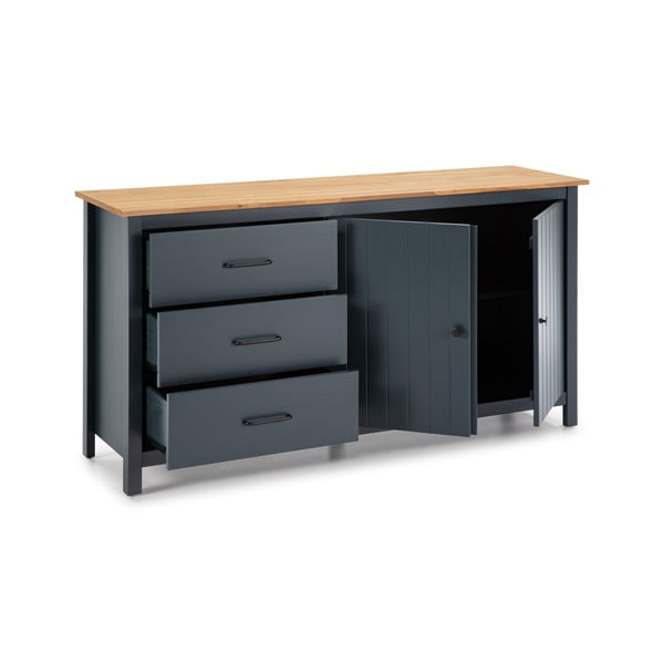 Tumši zila priedes masīvkoka zema kumode 150x80 cm Miranda – Marckeric-image-3