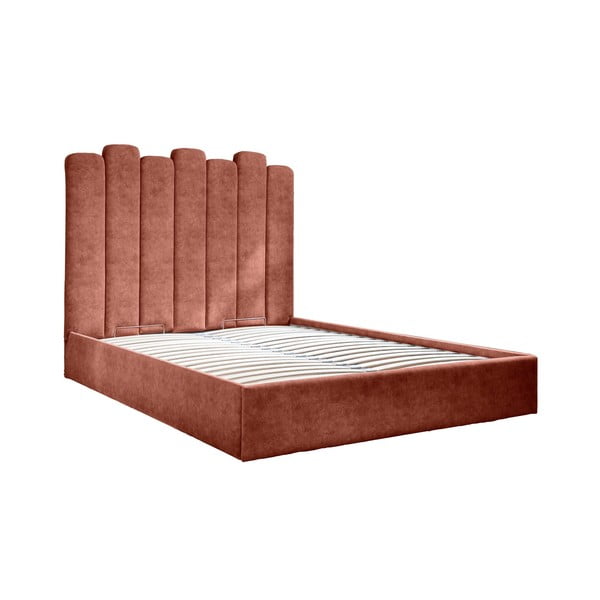 Ķieģeļu sarkana mīkstā divvietīga gulta ar krātuvi un režģi 160x200 cm Dreamy Aurora – Miuform