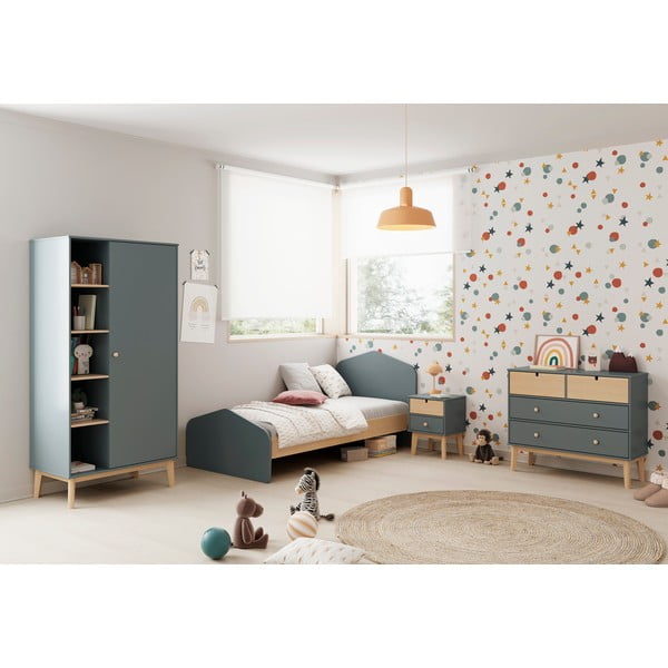 Dabīga toņa/dūmakaini zaļa bērnu gulta ar priedes koka imitāciju ar redelēm 90x190 cm Estefania – Marckeric-image-1