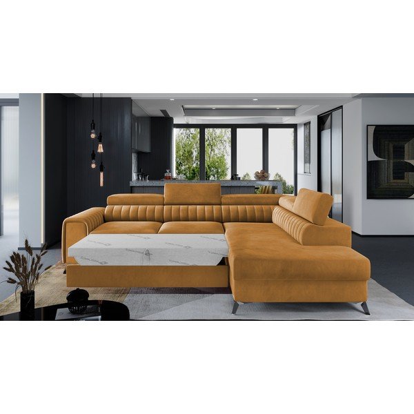 Dzeltens samta salokāms/ar uzglabāšanas vietu stūra dīvāns (ar labo stūri/L veida) Laurence – ELTAP-image-2