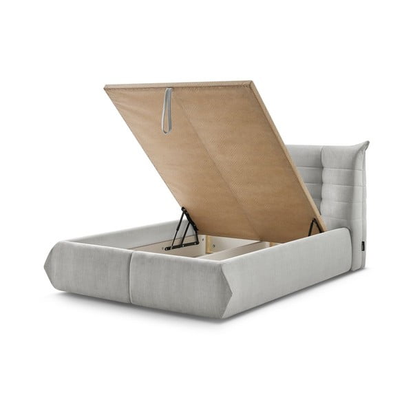 Gaiši pelēka polsterēta divvietīga gulta ar veļas kasti un režģi 160x200 cm Clothilde – Bobochic Paris-image-3