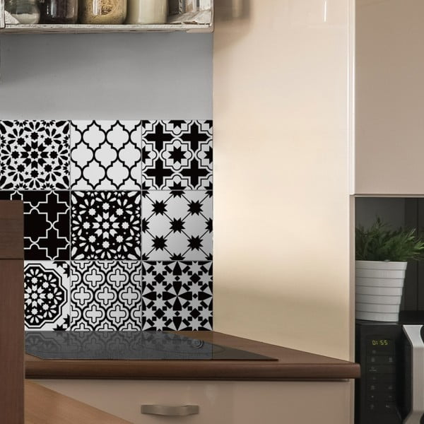 9 sienu uzlīmju komplekts Ambiance Classic Azulejos Black and White Shade, 10 x 10 cm