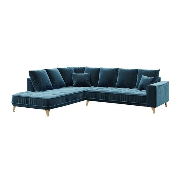 Tumši zils samta stūra dīvāns Devichy Chloe, kreisais stūris, 288 cm