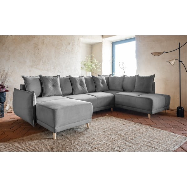 Pelēks velveta salokāms stūra dīvāns (ar labo stūri/U veida) Lazy Lukka – Miuform-image-3