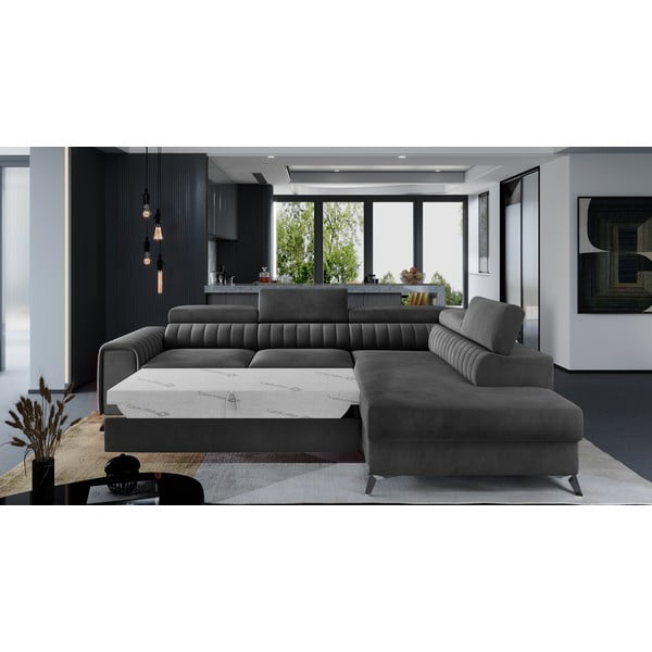 Tumši pelēks samta salokāms/ar uzglabāšanas vietu stūra dīvāns (ar labo stūri/L veida) Laurence – ELTAP-image-2