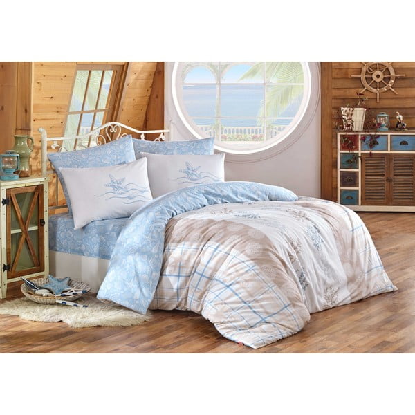 Zila/bēša pagarinātā kokvilnas gultas veļa divguļamai gultai ar palagu un segas pārvalku 240x260 cm Fulvia – Mijolnir