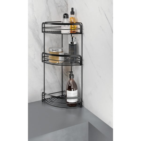 Melns trīs līmeņu stūra vannas istabas plaukts Metaltex Origin-image-1