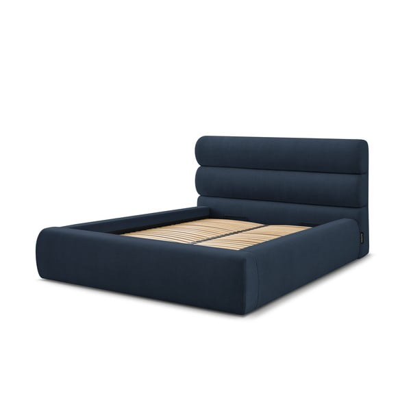 Tumši zila polsterēta divvietīga gulta ar veļas kasti un režģi 160x200 cm Jagna – Bobochic Paris