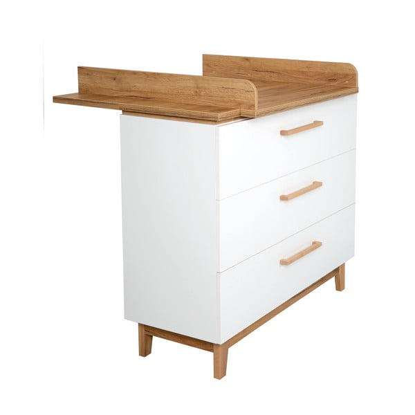Balta zema bērnu kumode ar ozolkoka imitāciju 118x104 cm Finn – Roba-image-3