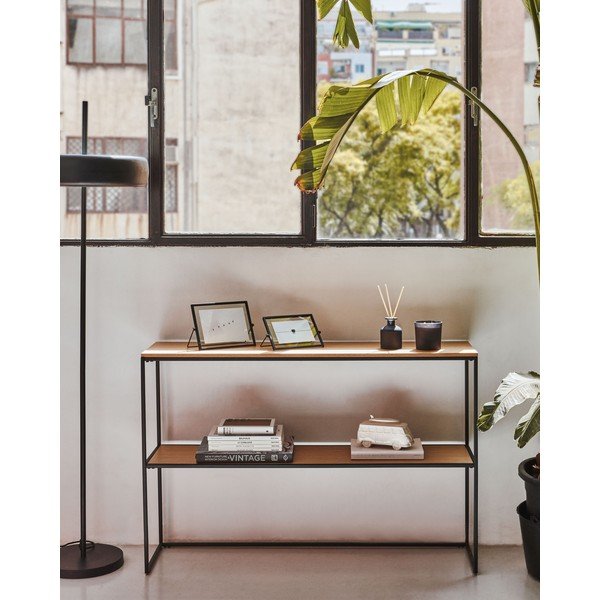 Balts/dabīga toņa konsoles galds ar ozolkoka imitāciju 30x120 cm Yoana – Kave Home-image-1