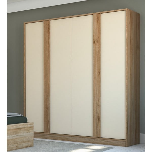 Krēmkrāsas/dabīga toņa drēbju skapis ar ozolkoka imitāciju 180x197,5x53 cm Dennis – Marckeric-image-1