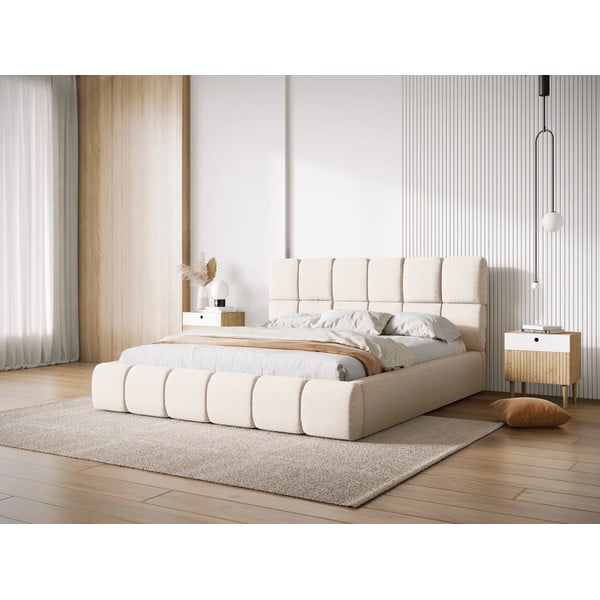 Krēmkrāsas polsterēta divvietīga gulta ar veļas kasti ar redelēm 140x200 cm Bellis – Micadoni Home-image-1