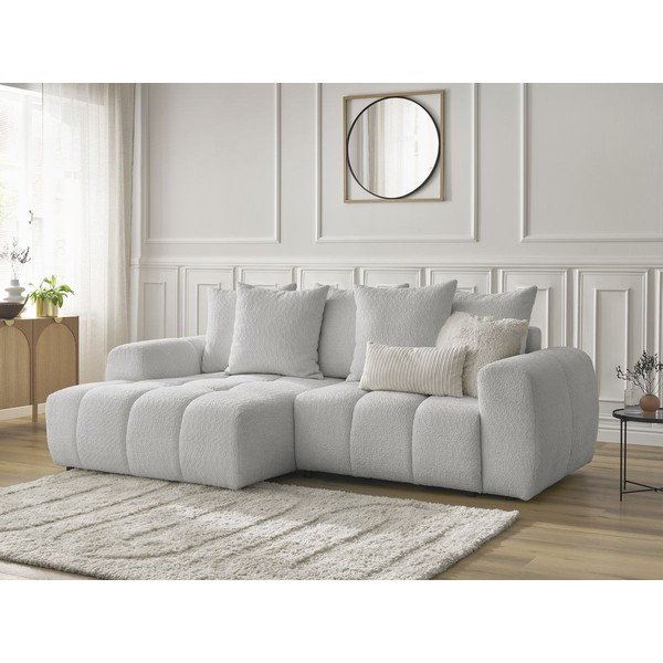 Gaiši pelēks salokāms stūra dīvāns no buklē auduma ar uzglabāšanas vietu (ar kreiso stūri/ar zvilni) Roxelane – Bobochic Paris-image-3