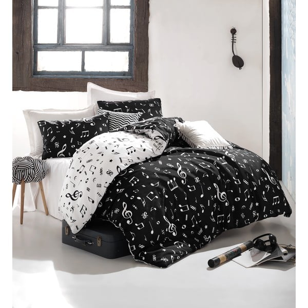Melna/balta pagarinātā gultas veļa divguļamai gultai ar palagu un segas pārklāju 220x240 cm Melodiy – Mijolnir
