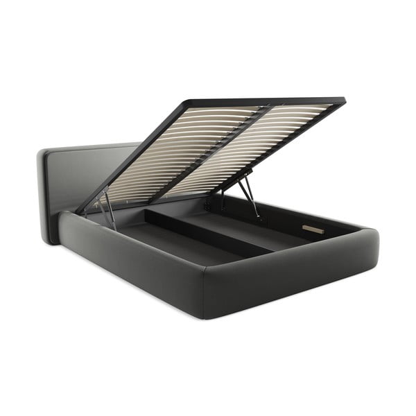 Pelēka polsterēta divvietīga gulta ar veļas kasti un redelēm 160x200 cm Kiana – Makamii-image-3